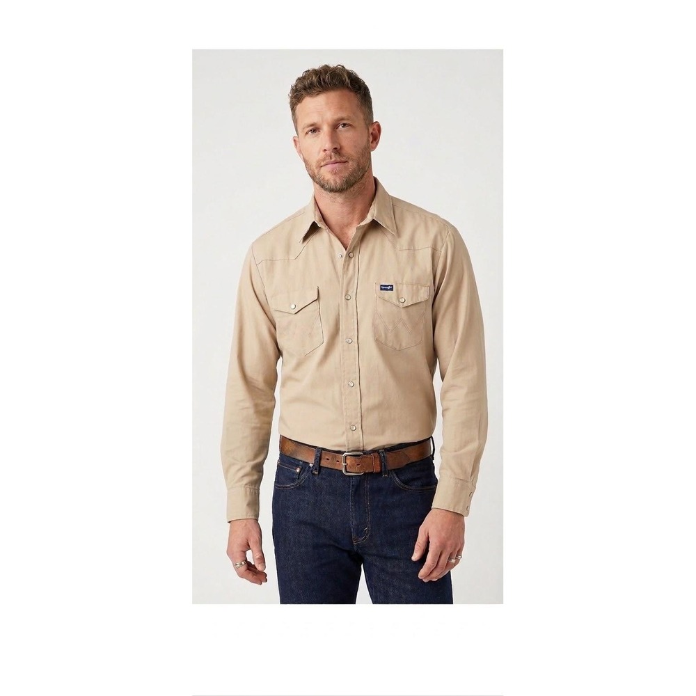 VTG Wrangler Mens Tan Western Snap Front Long Sleeve Shirt XXL Cowboy Workwear